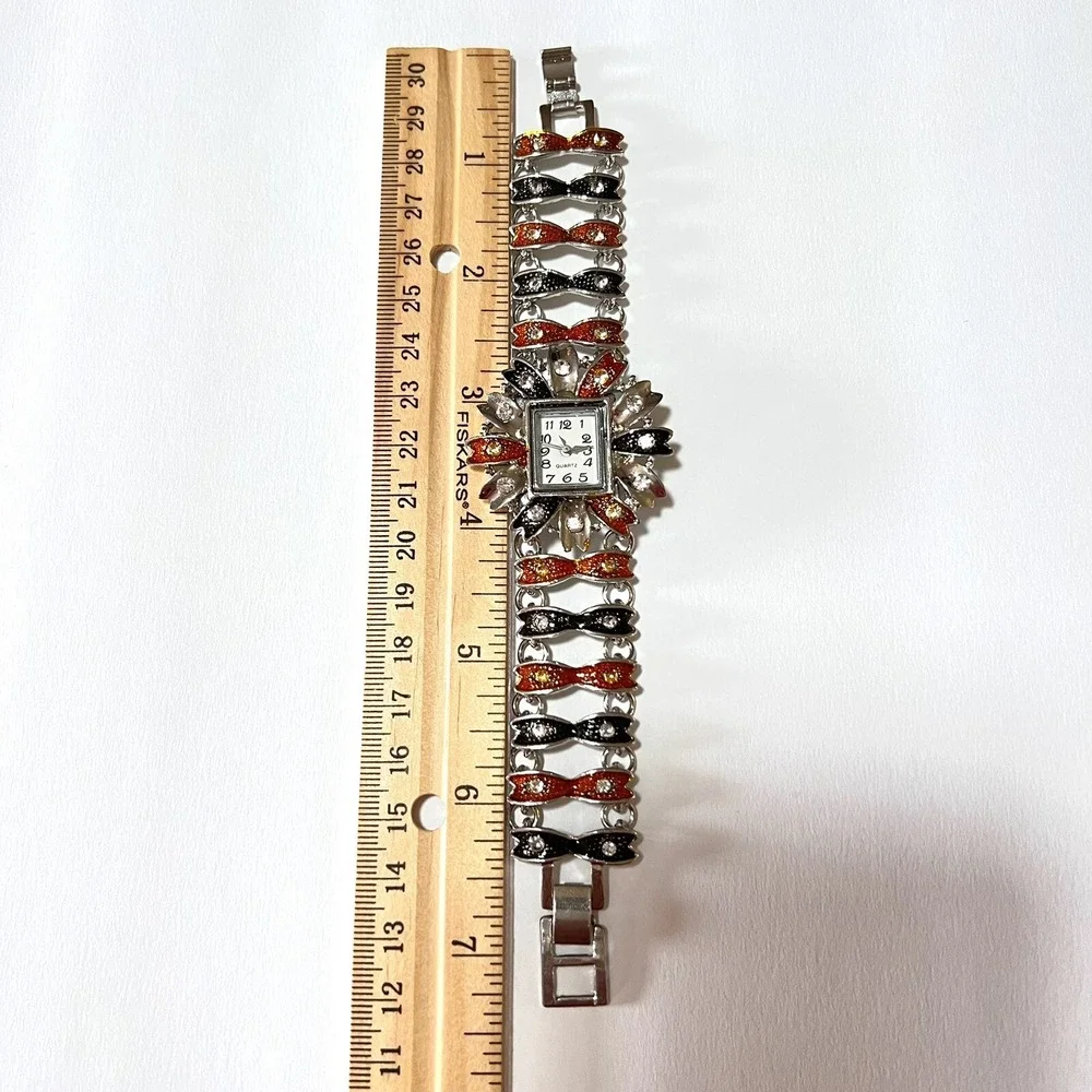 Women's Watch Floral‎ Brown/Black Silver Tone Bracelet Wristwatch 6.5 in
